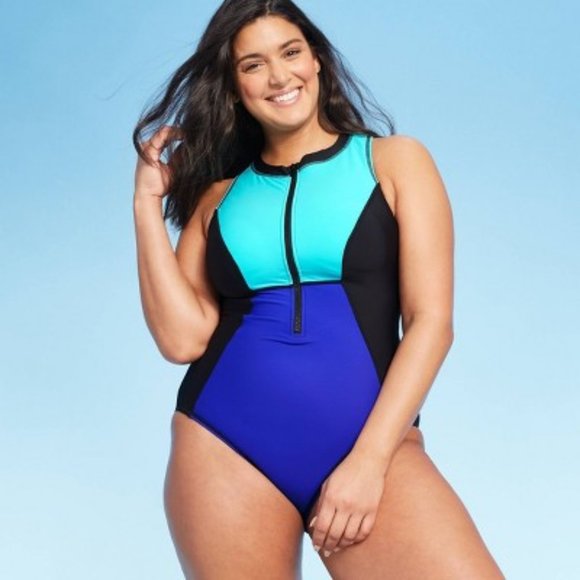 Aqua Green Swim Colorblock Zipup One Piece Swimsuit Xl Poshmark